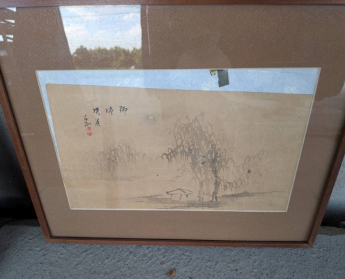 淡い水墨で柳と小屋を描いた日本画｜東京都大田区田園調布本町のご実家解体前の片付けで発見された骨董美術品