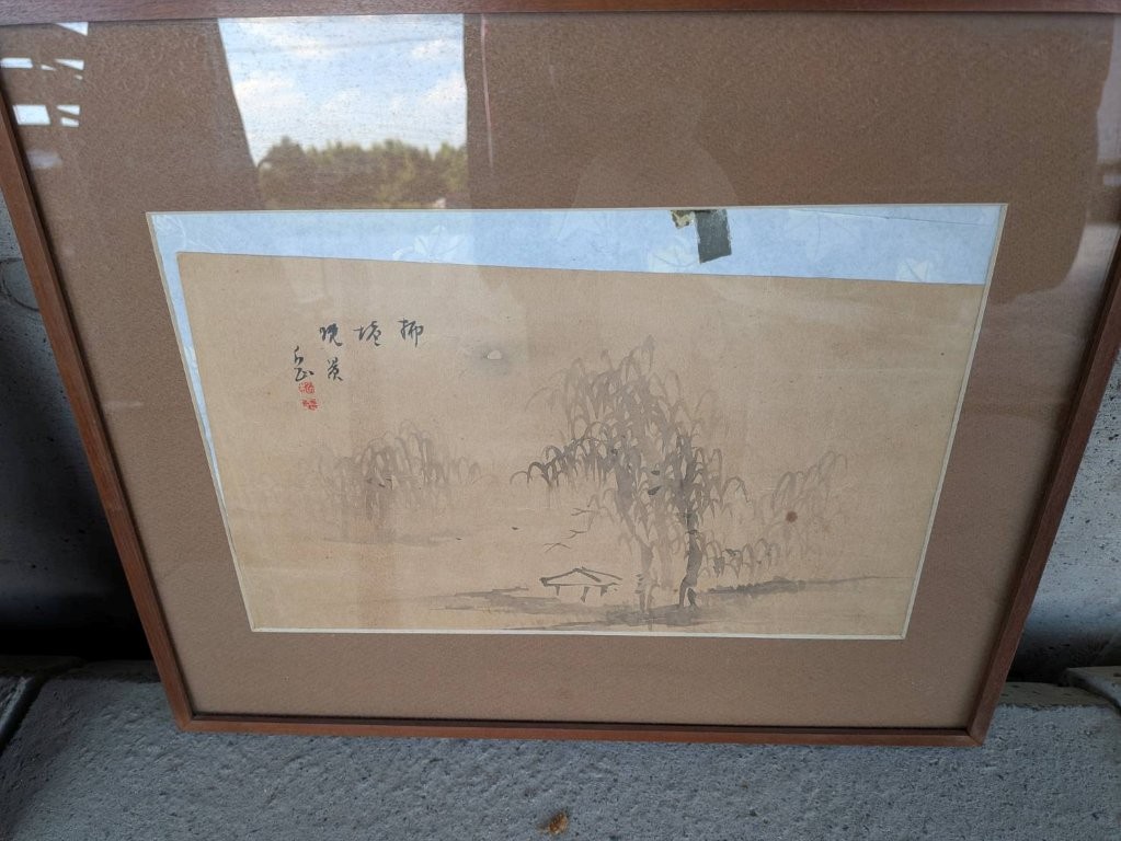 淡い水墨で柳と小屋を描いた日本画｜東京都大田区田園調布本町のご実家解体前の片付けで発見された骨董美術品