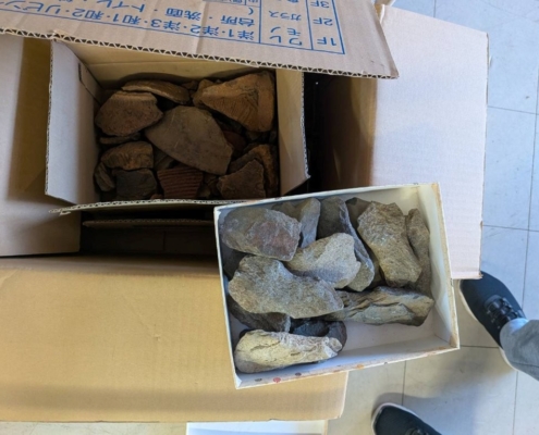 段ボール箱に分けて保管されていた石斧と縄文土器片を仕分けしながら査定する考古資料整理の現場
